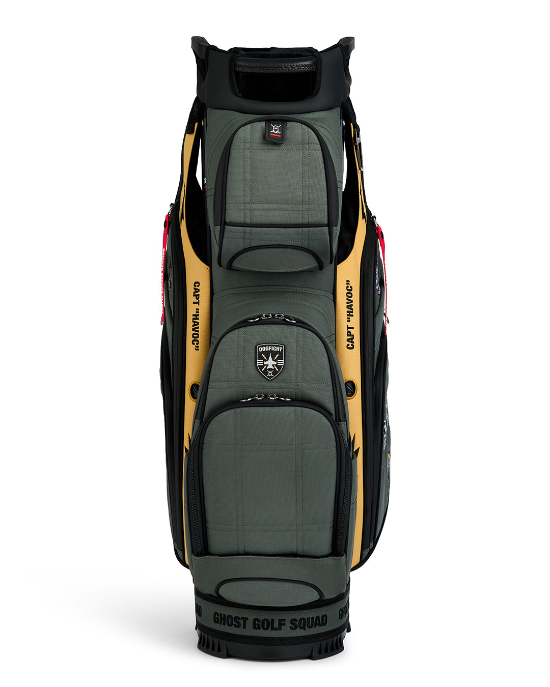 Front product shot of the G-Suit GT-14 Cart Bag. Clean front-facing image highlighting the premium construction, refined detailing, ample storage features, and signature Ghost Golf craftsmanship.