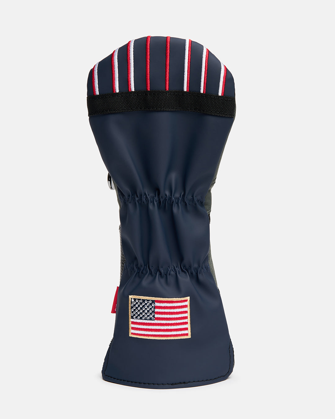 Back product shot of the G-Suit Primary 3 Wood Head Cover featuring an embroidered USA flag on the lower back panel. Rear-facing image highlighting the premium embroidery, aviation-inspired design, patriotic detailing, and signature Ghost Golf craftsmanship. #size_driver