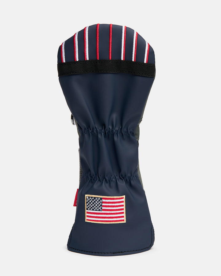 Back product shot of the G-Suit Primary 3 Wood Head Cover featuring an embroidered USA flag on the lower back panel. Rear-facing image highlighting the premium embroidery, aviation-inspired design, patriotic detailing, and signature Ghost Golf craftsmanship. #size_driver