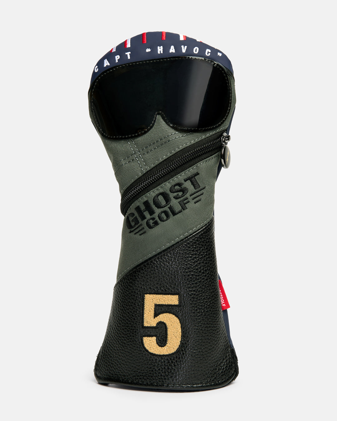 Front product shot of the G-Suit Primary 5 Wood Head Cover designed to resemble an aviation pilot helmet. Features "Captain Havoc" embroidery across the top of the helmet, the Ghost Golf logo embroidered in the center, and an embroidered number "5" at the bottom. Front-facing image highlighting the unique aviation-inspired design, premium embroidery, and signature Ghost Golf craftsmanship. #size_5-wood