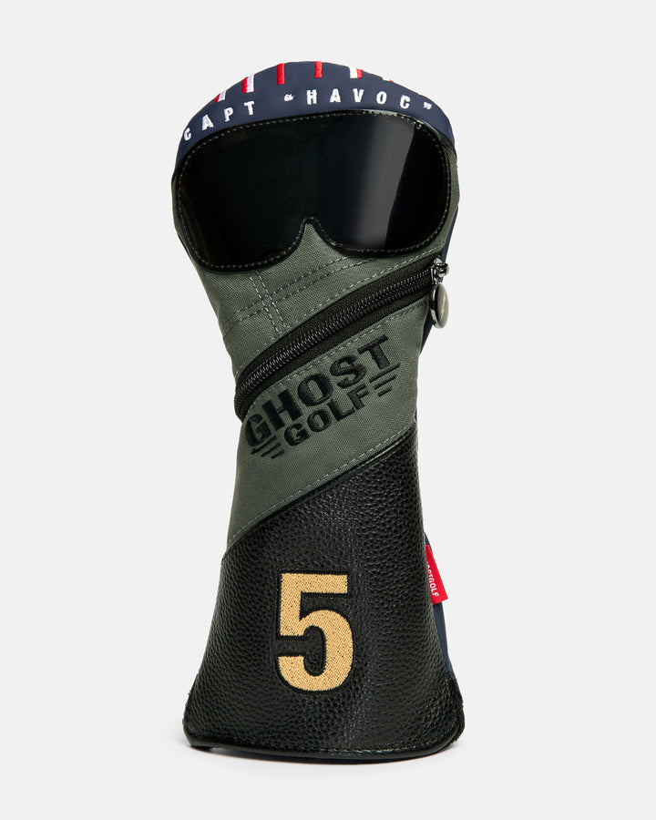 Front product shot of the G-Suit Primary 5 Wood Head Cover designed to resemble an aviation pilot helmet. Features "Captain Havoc" embroidery across the top of the helmet, the Ghost Golf logo embroidered in the center, and an embroidered number "5" at the bottom. Front-facing image highlighting the unique aviation-inspired design, premium embroidery, and signature Ghost Golf craftsmanship. #size_5-wood