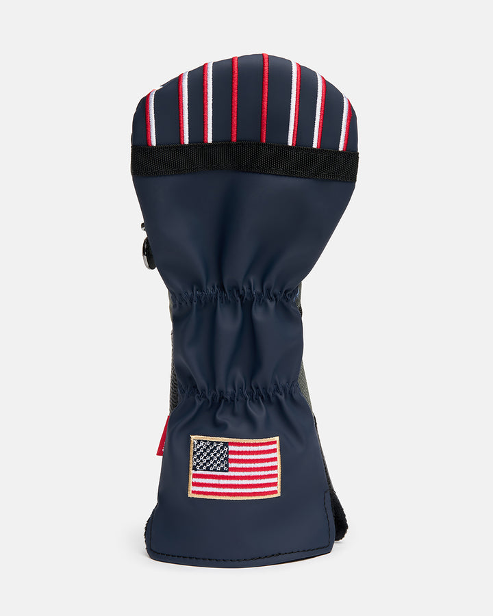Back product shot of the G-Suit Primary 5 Wood Head Cover featuring an embroidered USA flag on the lower back panel. Rear-facing image highlighting the premium embroidery, aviation-inspired design, patriotic detailing, and signature Ghost Golf craftsmanship. #size_3-wood