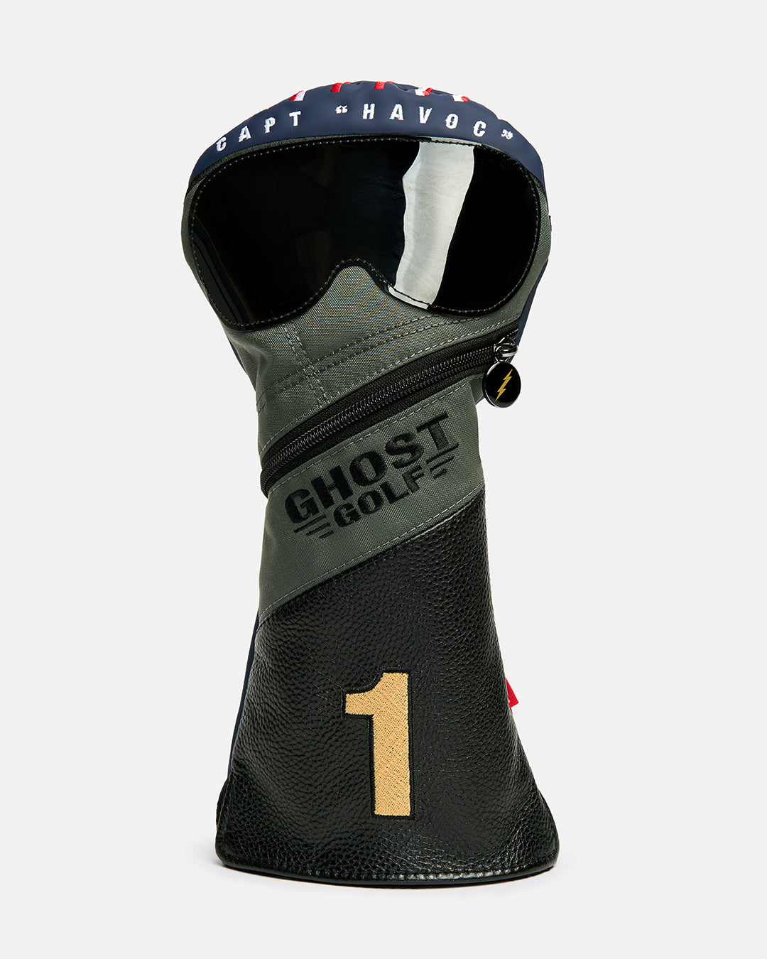 Front product shot of the G-Suit Primary Driver Head Cover designed to resemble an aviation pilot helmet. Features "Captain Havoc" embroidery across the top of the helmet, the Ghost Golf logo embroidered in the center, and an embroidered number "1" at the bottom. Front-facing image highlighting the unique aviation-inspired design, premium embroidery, and signature Ghost Golf craftsmanship. #size_driver