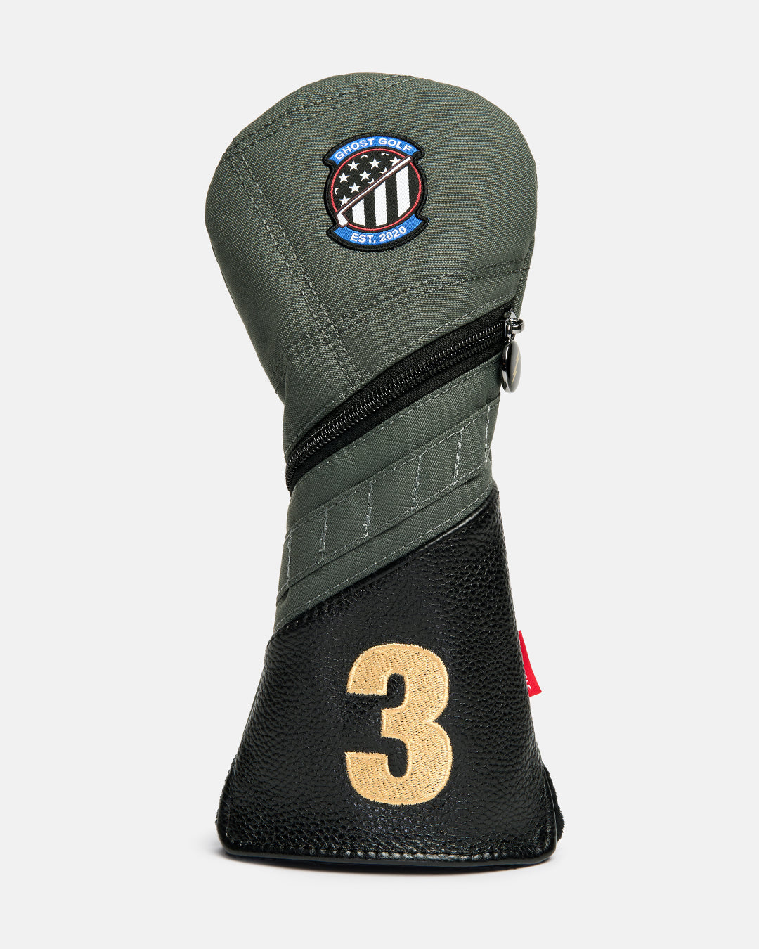 Front product shot of the G-Suit Secondary 3 Wood Head Cover featuring the Ghost Golf logo embroidered at the top and an embroidered number "1" at the bottom. Front-facing image highlighting the detailed embroidery, aviation-inspired styling, and signature Ghost Golf craftsmanship. #size_3-wood