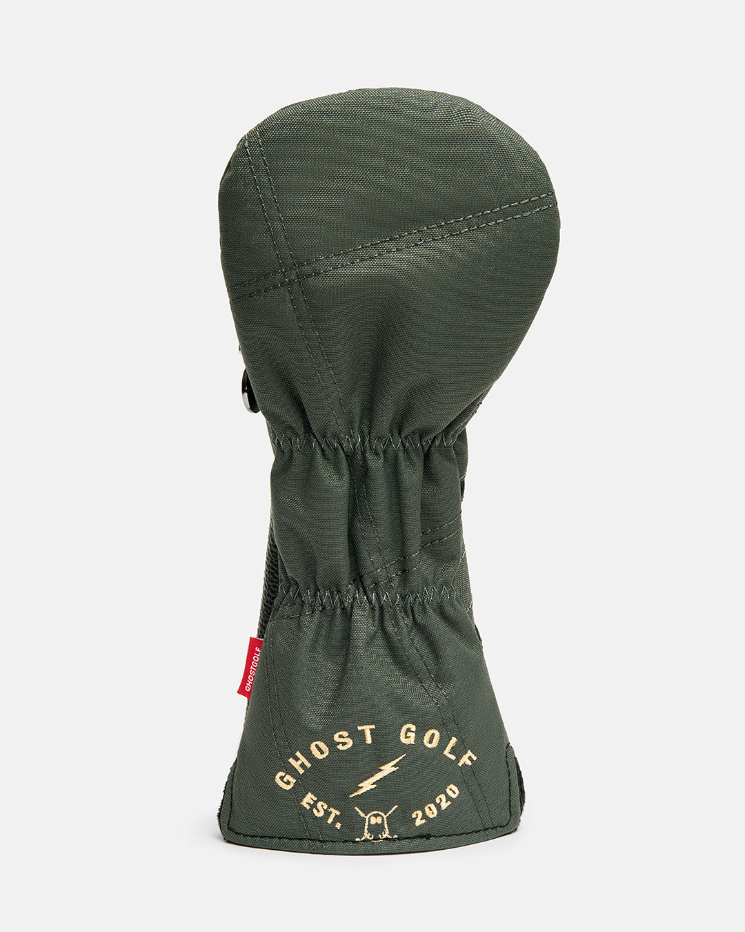 Back product shot of the G-Suit Secondary 3 Wood Head Cover showcasing the Ghost Golf logo embroidered on the lower back panel. Rear-facing image highlighting the premium embroidery, clean design details, and signature Ghost Golf branding with military aviation-inspired styling. #size_3-wood