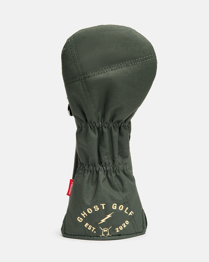 Back product shot of the G-Suit Secondary 3 Wood Head Cover showcasing the Ghost Golf logo embroidered on the lower back panel. Rear-facing image highlighting the premium embroidery, clean design details, and signature Ghost Golf branding with military aviation-inspired styling. #size_3-wood