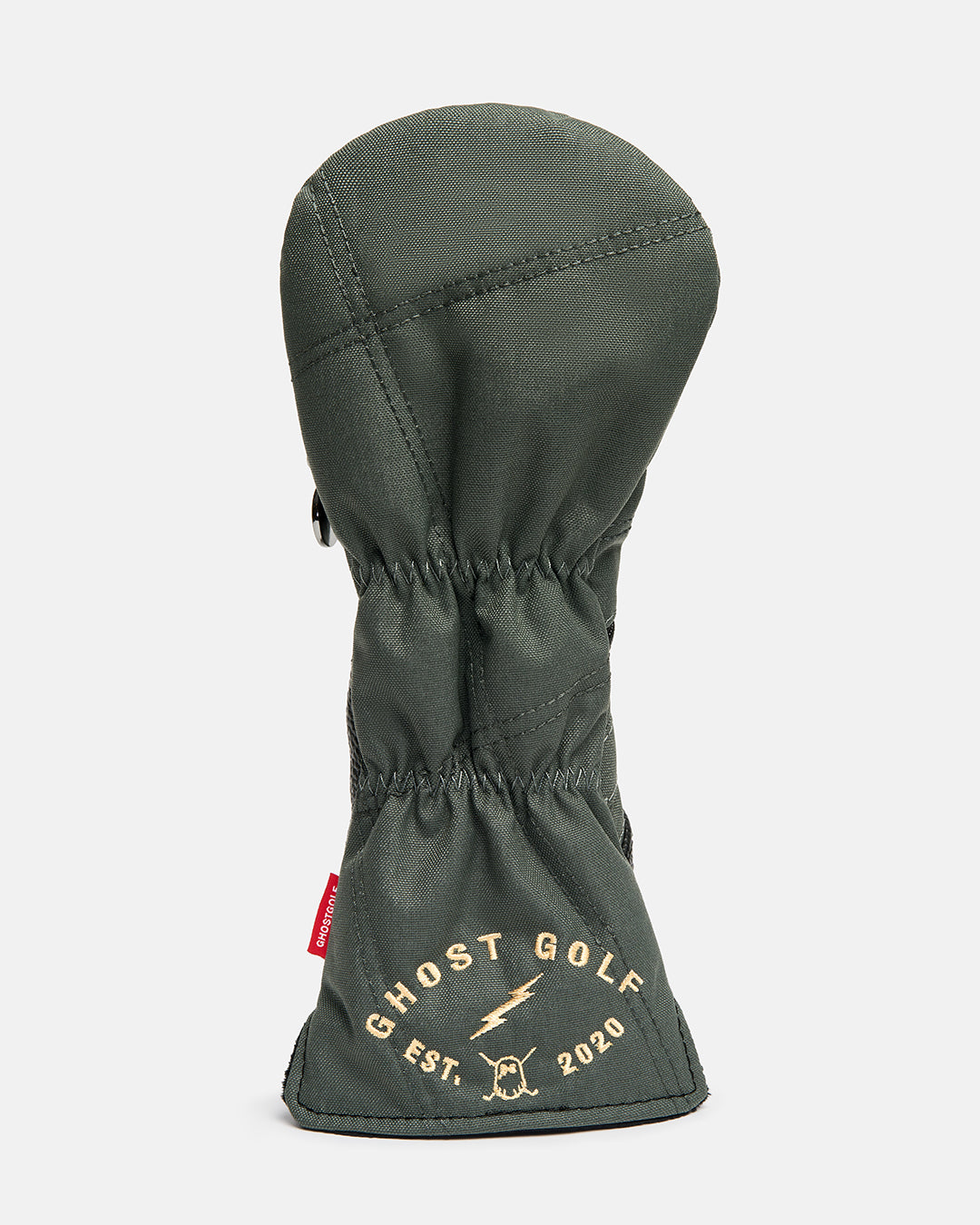 Back product shot of the G-Suit Secondary 5 Wood Head Cover showcasing the Ghost Golf logo embroidered on the lower back panel. Rear-facing image highlighting the premium embroidery, clean design details, and signature Ghost Golf branding with military aviation-inspired styling. #size_driver