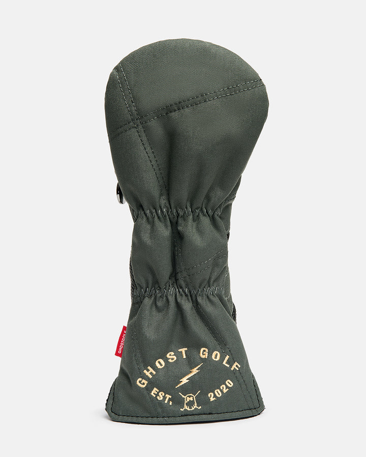 Back product shot of the G-Suit Secondary 5 Wood Head Cover showcasing the Ghost Golf logo embroidered on the lower back panel. Rear-facing image highlighting the premium embroidery, clean design details, and signature Ghost Golf branding with military aviation-inspired styling. #size_driver
