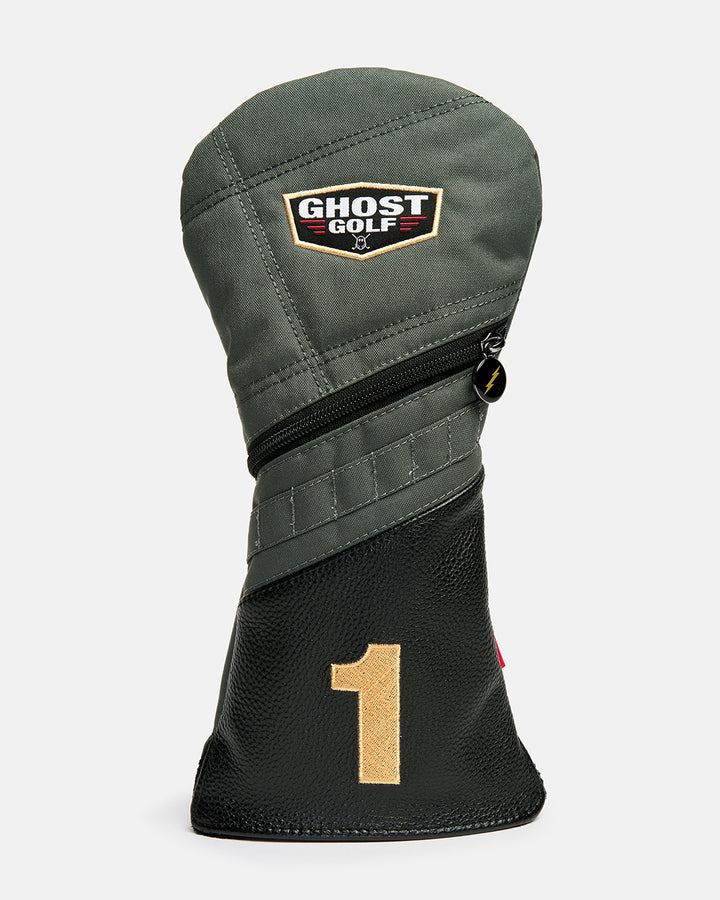 Front product shot of the G-Suit Secondary Driver Head Cover featuring the Ghost Golf logo embroidered at the top and an embroidered number "1" at the bottom. Front-facing image highlighting the detailed embroidery, aviation-inspired styling, and signature Ghost Golf craftsmanship. #size_driver