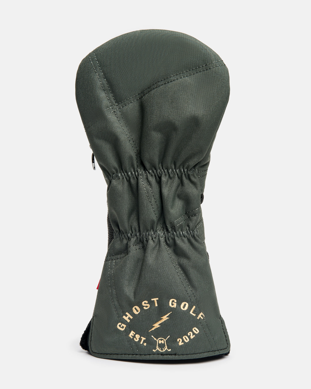 Back product shot of the G-Suit Secondary Driver Head Cover showcasing the Ghost Golf logo embroidered on the lower back panel. Rear-facing image highlighting the premium embroidery, clean design details, and signature Ghost Golf branding with military aviation-inspired styling. #size_5-wood