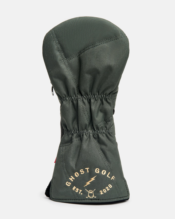 Back product shot of the G-Suit Secondary Driver Head Cover showcasing the Ghost Golf logo embroidered on the lower back panel. Rear-facing image highlighting the premium embroidery, clean design details, and signature Ghost Golf branding with military aviation-inspired styling. #size_5-wood