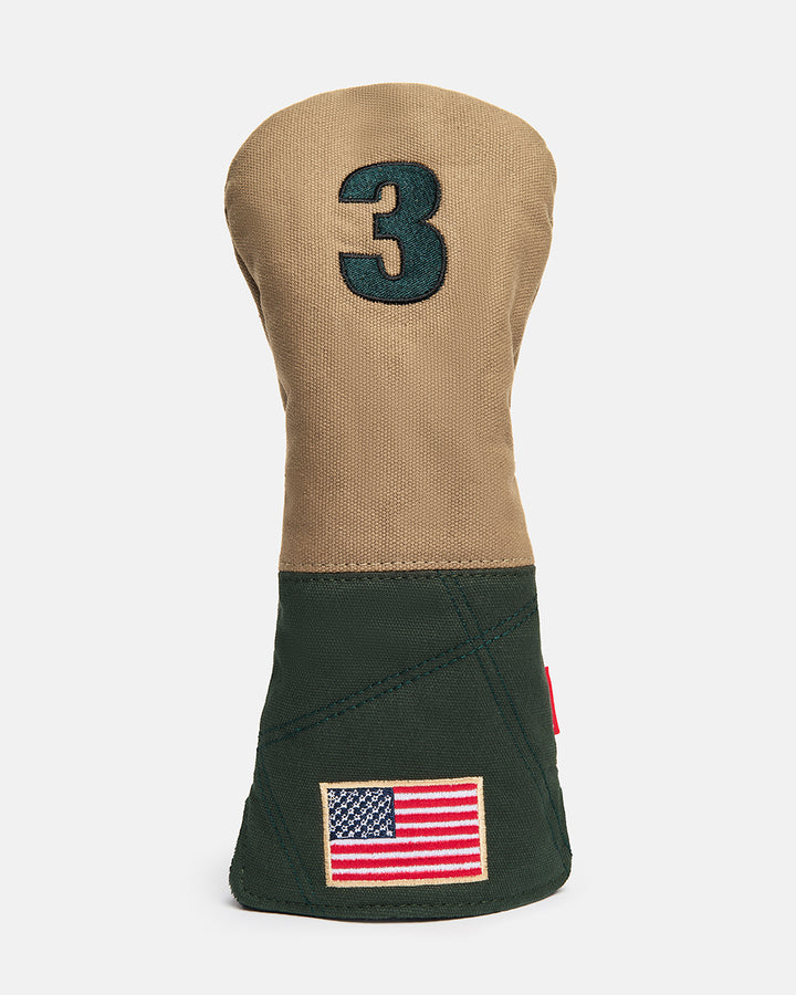Front product shot of the G-Suit Tertiary 3 Wood Head Cover featuring an embroidered number "3" at the top and an embroidered USA flag at the bottom. Clean front-facing image highlighting the premium materials, patriotic detailing, and signature Ghost Golf craftsmanship inspired by military aviation design. #size_3-wood