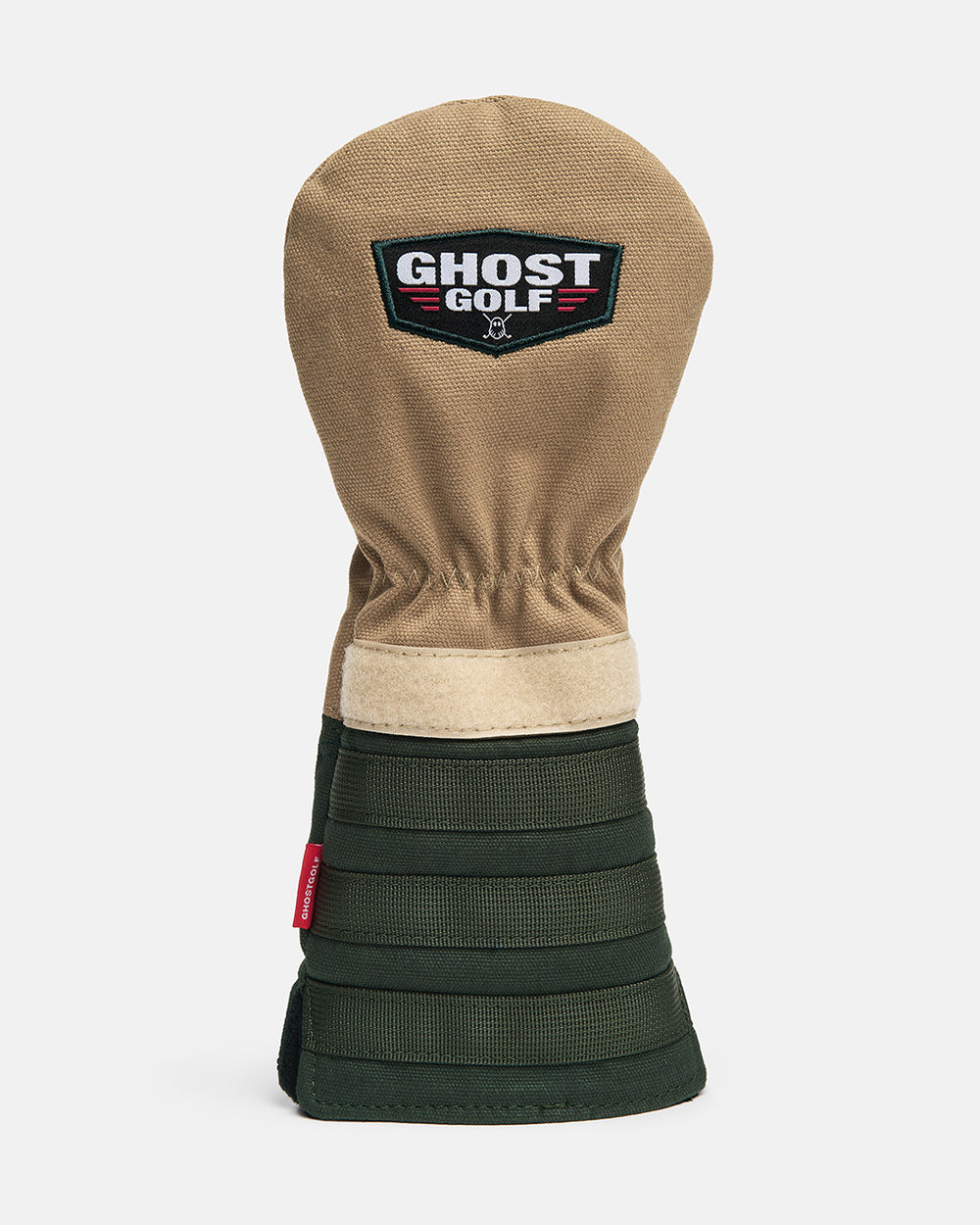 Back product shot of the G-Suit Tertiary 3-Wood Head Cover showcasing the Ghost Golf logo embroidered across the upper back panel. Rear-facing image highlighting the premium embroidery, clean design aesthetic, and signature Ghost Golf branding inspired by military aviation heritage. #size_driver