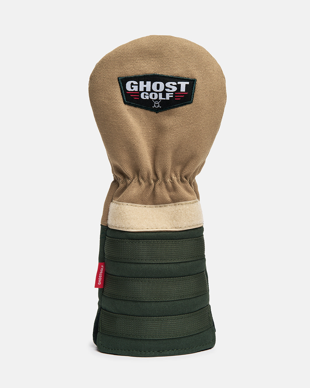 Back product shot of the G-Suit Tertiary 5 Wood Head Cover showcasing the Ghost Golf logo embroidered across the upper back panel. Rear-facing image highlighting the premium embroidery, clean design aesthetic, and signature Ghost Golf branding inspired by military aviation heritage. #size_3-wood
