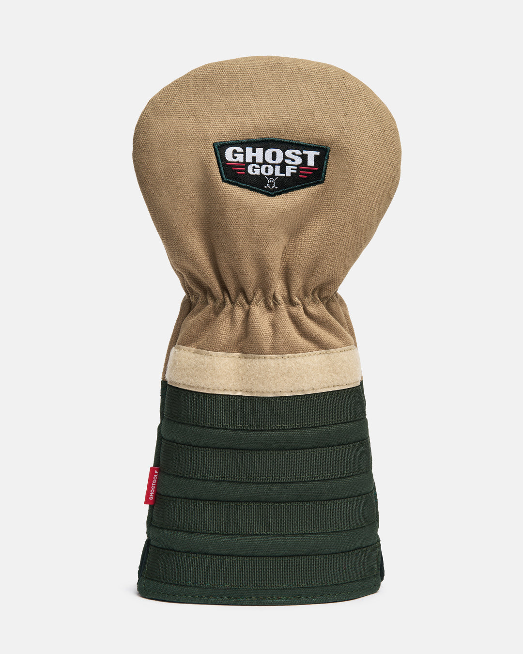 Back product shot of the G-Suit Tertiary Driver Head Cover showcasing the Ghost Golf logo embroidered across the upper back panel. Rear-facing image highlighting the premium embroidery, clean design aesthetic, and signature Ghost Golf branding inspired by military aviation heritage. #size_5-wood