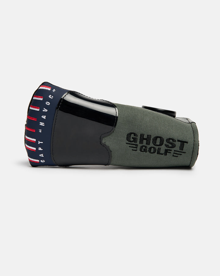 Top View of G-Suite Primary Bade Putter Cover Showcasing Embroidered Ghost Golf Logo on top and captain havoc on the edge of the top of the putter