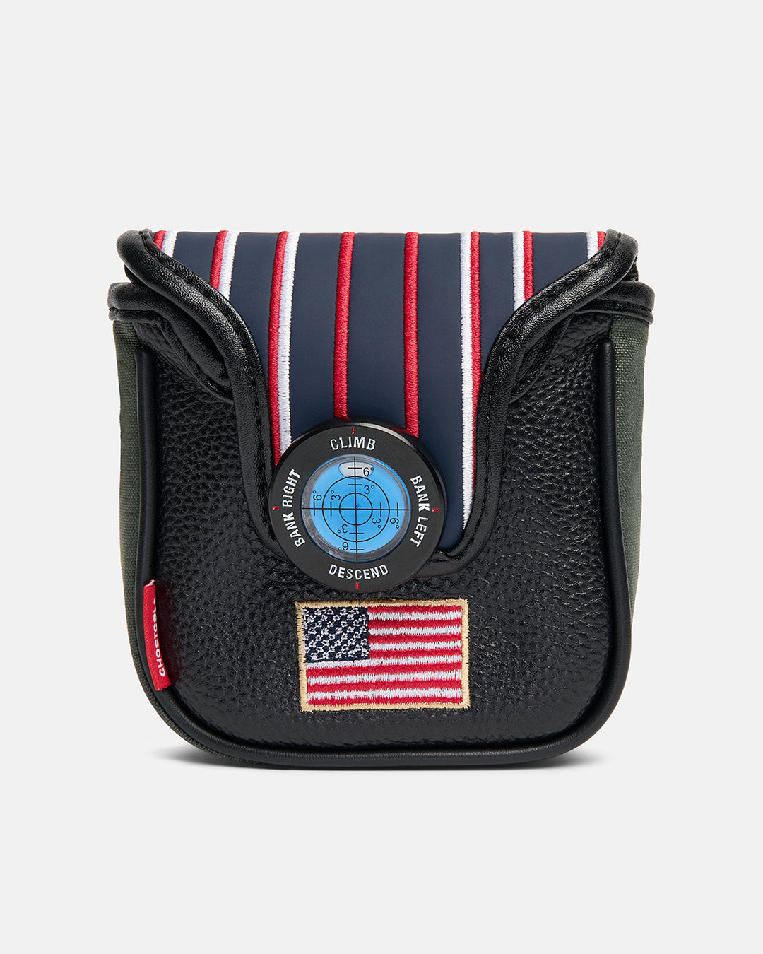 Back product shot of the G-Suit Primary Mallet Putter Cover featuring an aviation-inspired elevation button with directional indicators for climb, descend, bank left, and bank right. The cover also includes an embroidered USA flag at the bottom, showcasing premium craftsmanship, patriotic detailing, and signature Ghost Golf design elements.