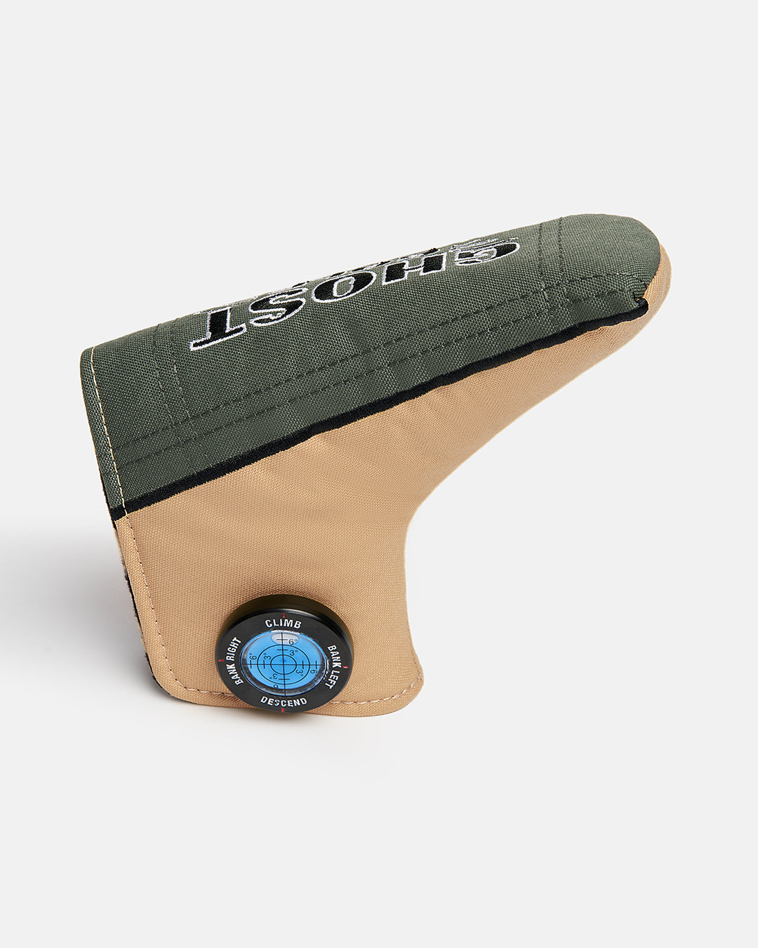 Side product shot of the G-Suit Secondary Blade Putter Cover designed, featuring aviation-inspired compass graphics on the side and Ghost Golf embroidered across the top. Angled view highlighting the unique aircraft silhouette, premium embroidery, and signature Ghost Golf military-inspired design details.