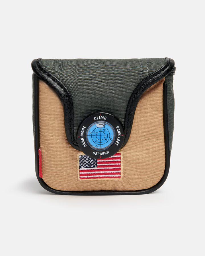 Back product shot of the G-Suit Secondary Mallet Putter Cover featuring an aviation-inspired elevation button with directional indicators for climb, descend, bank left, and bank right. The cover also includes an embroidered USA flag at the bottom, showcasing premium craftsmanship, patriotic detailing, and signature Ghost Golf design elements.