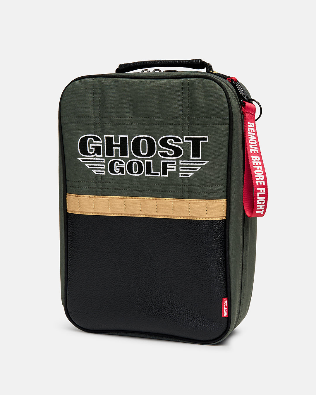 Front product shot of the G-Suit Shoe Bag featuring the custom Ghost Golf logo on the front panel. Clean front-facing image highlighting the bag’s premium design, bold branding, and functional storage for golf footwear.