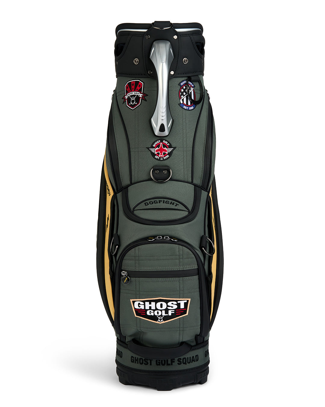 Front Product Shot of the G-Suit Staff Bag showcasing prominent Ghost Golf logo branding and a collection of military aviation-inspired patches. Image highlighting the bag’s premium construction, patriotic design elements, custom embroidered details, and signature Ghost Golf styling.
