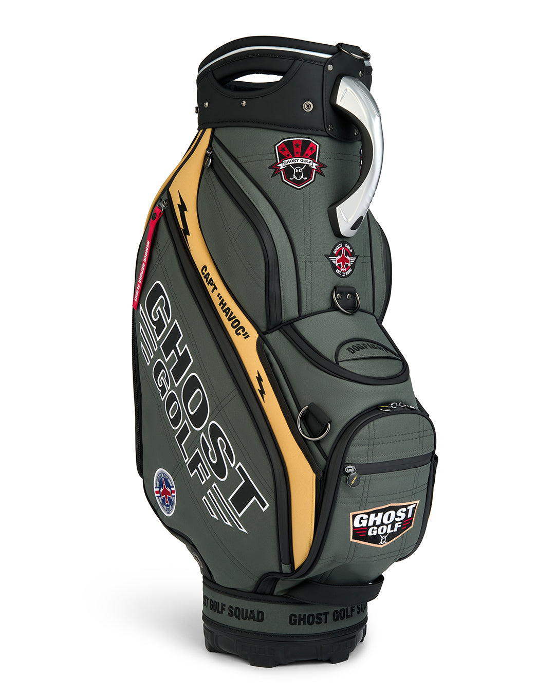 Three-quarter view of the G-Suit Staff Bag showcasing prominent Ghost Golf logo branding and a collection of military aviation-inspired patches. Angled product image highlighting the bag’s premium construction, patriotic design elements, custom embroidered details, and signature Ghost Golf styling.
