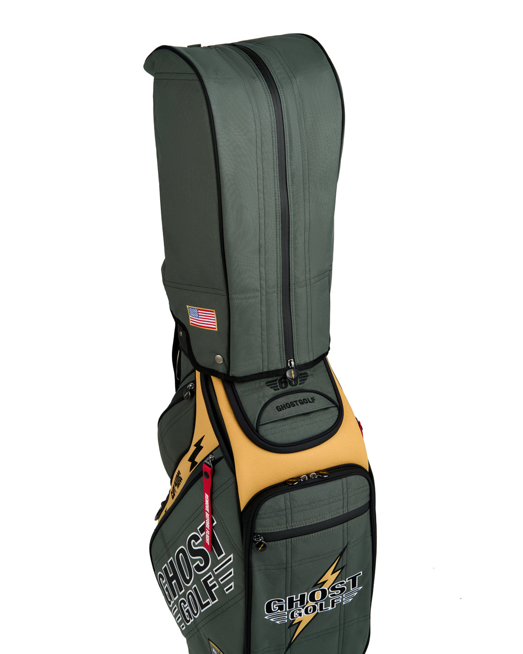 Three-quarter view of the Rain Hood attached to the G-Suit Staff Bag, showcasing the protective cover design and premium construction. USA Flag Embroidered on Side of Rain Hood