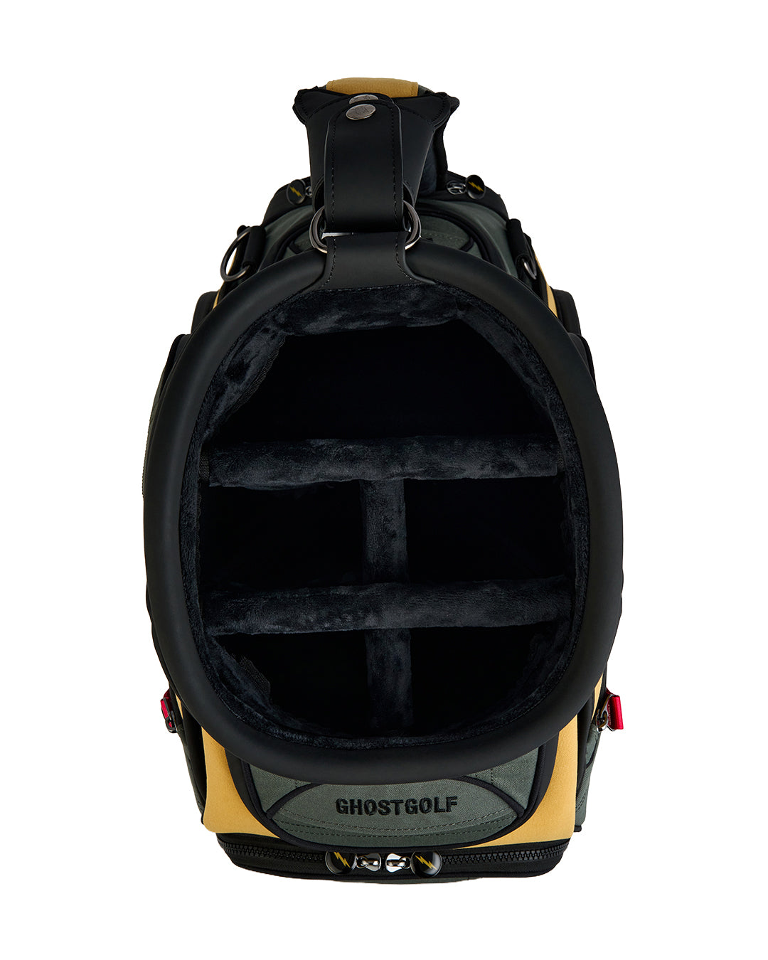 Top view of the G-Suit Staff Bag showcasing premium velvet-lined golf club dividers, designed to protect club shafts and organize clubs within the bag.