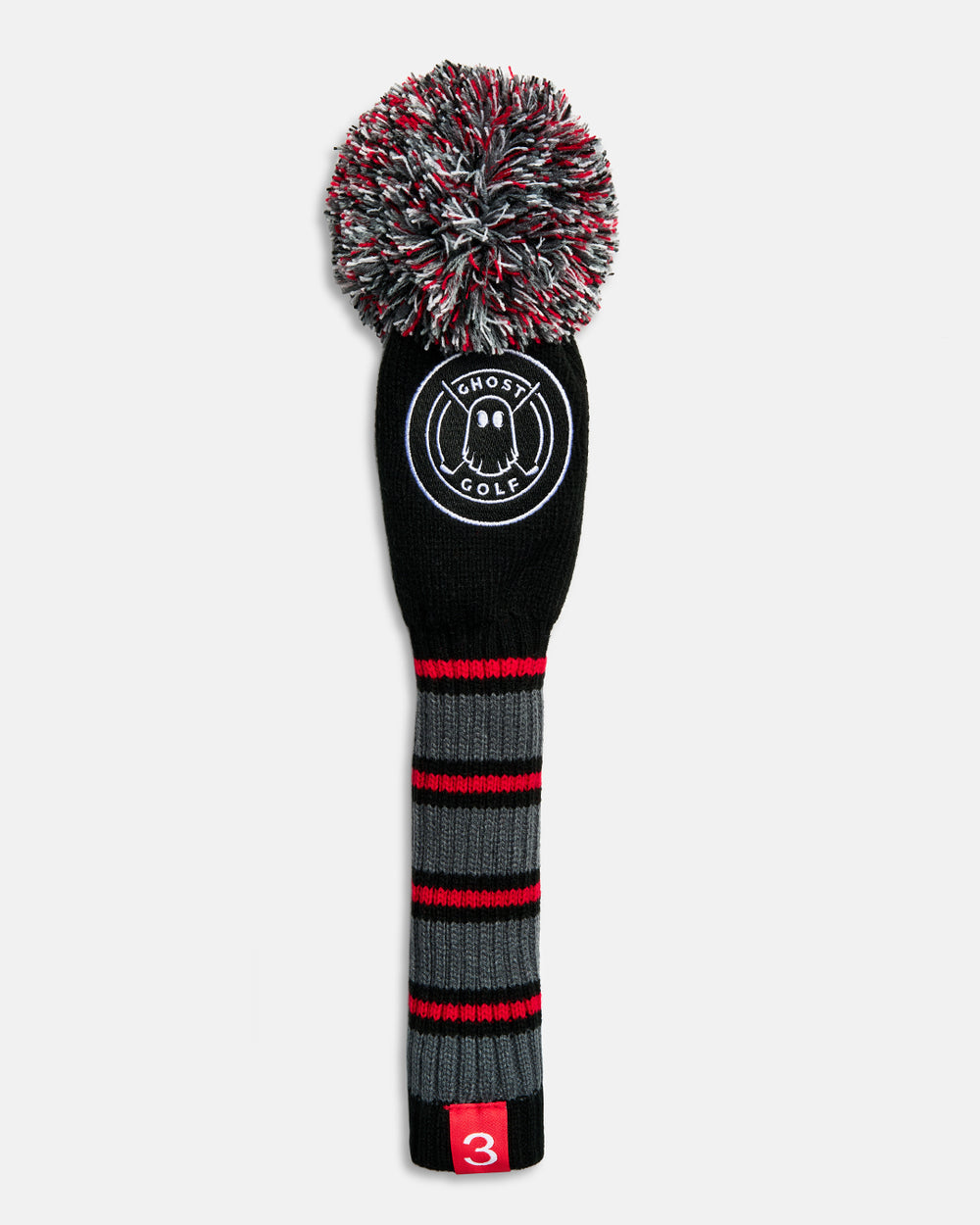 Front product shot of the Black Ghost Golf Stripe 3-Wood Knit Head cover featuring a black striped knit pattern, an embroidered Ghost Golf emblem at the top, and a red tag with the number 3 at the bottom.  #size_3-wood