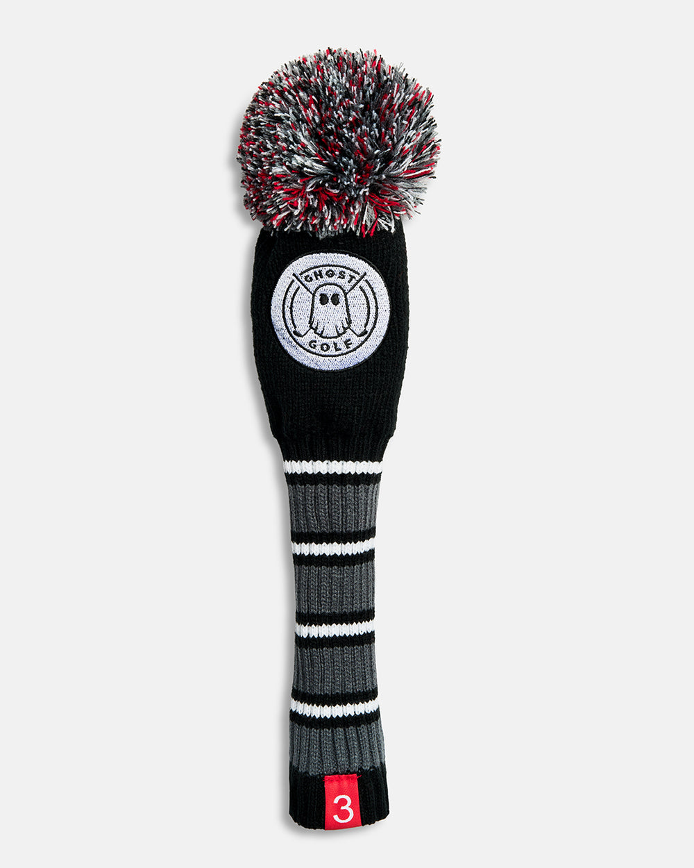 Front product shot of the Black White Ghost Golf Stripe 3-Wood Knit Head cover featuring a black white striped knit pattern, an embroidered Ghost Golf emblem at the top, and a red tag with the number 3 at the bottom. #size_3-wood