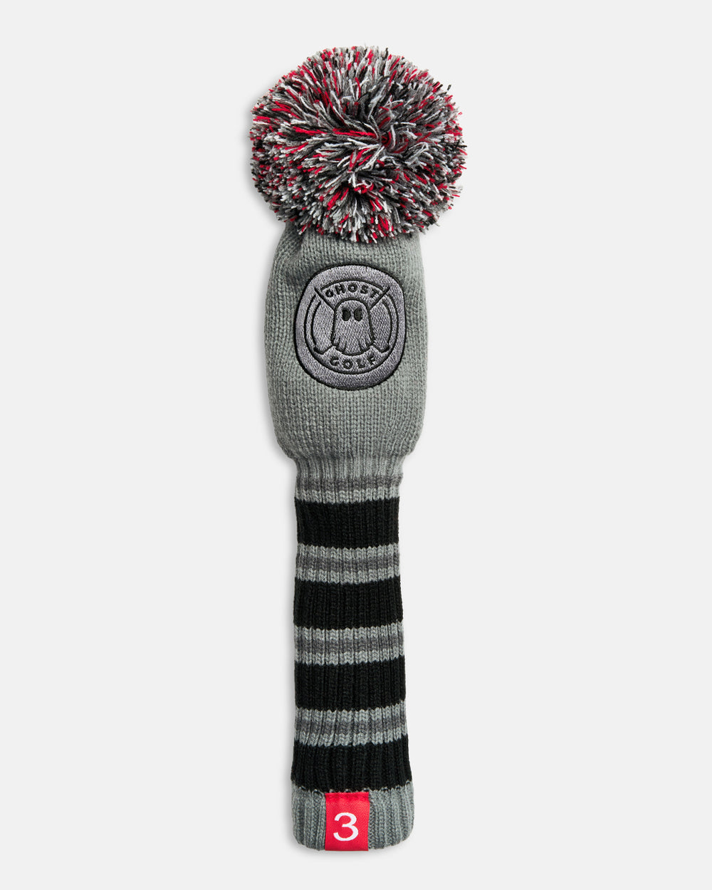 Front product shot of the Grey Ghost Golf Stripe 3-Wood Knit Head cover featuring a grey striped knit pattern, an embroidered Ghost Golf emblem at the top, and a red tag with the number 3 at the bottom. #size_3-wood