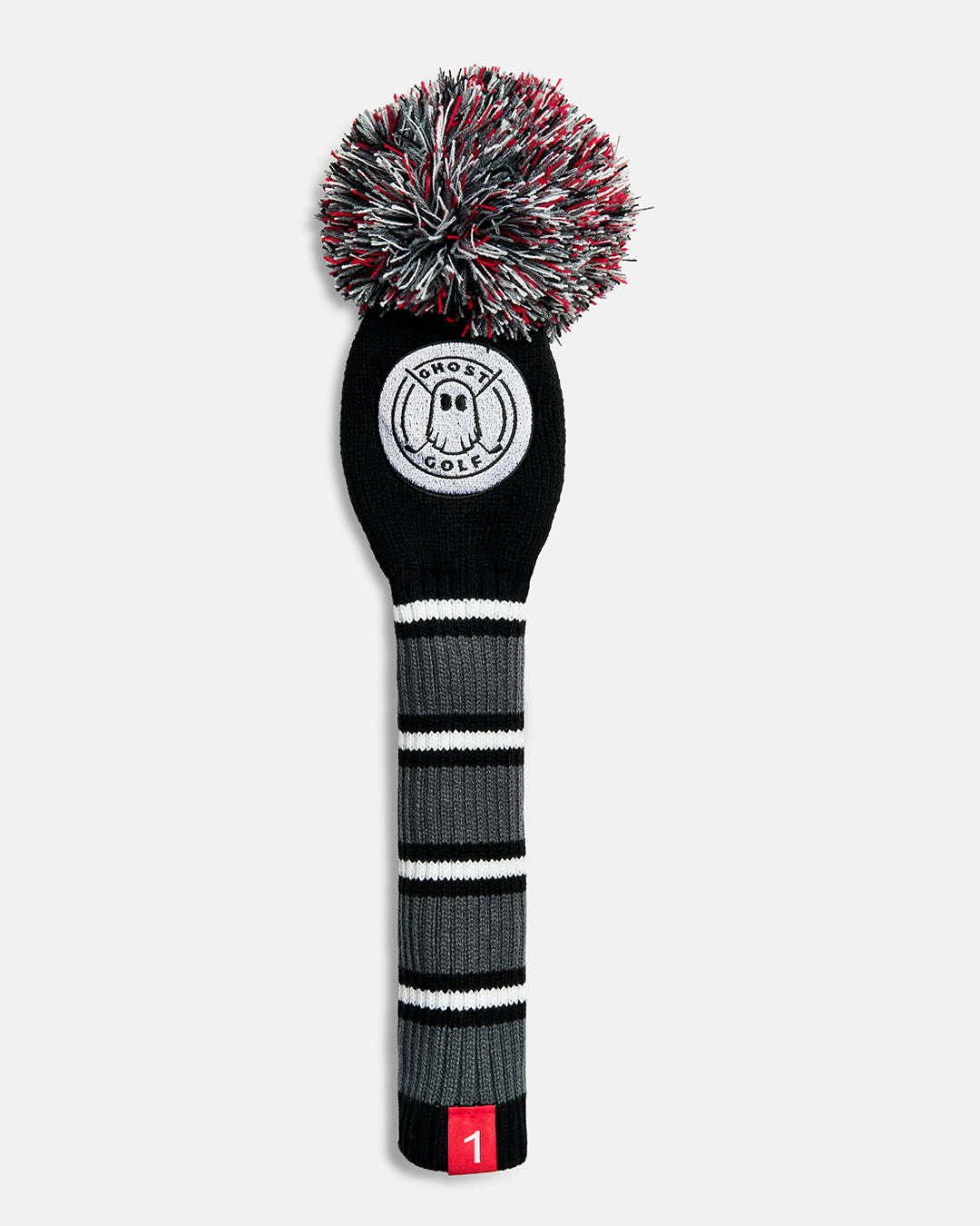 Front product shot of the Black White Ghost Golf Stripe Driver Knit Head cover featuring a black white striped knit pattern, an embroidered Ghost Golf emblem at the top, and a red tag with the number 1 at the bottom. #size_driver