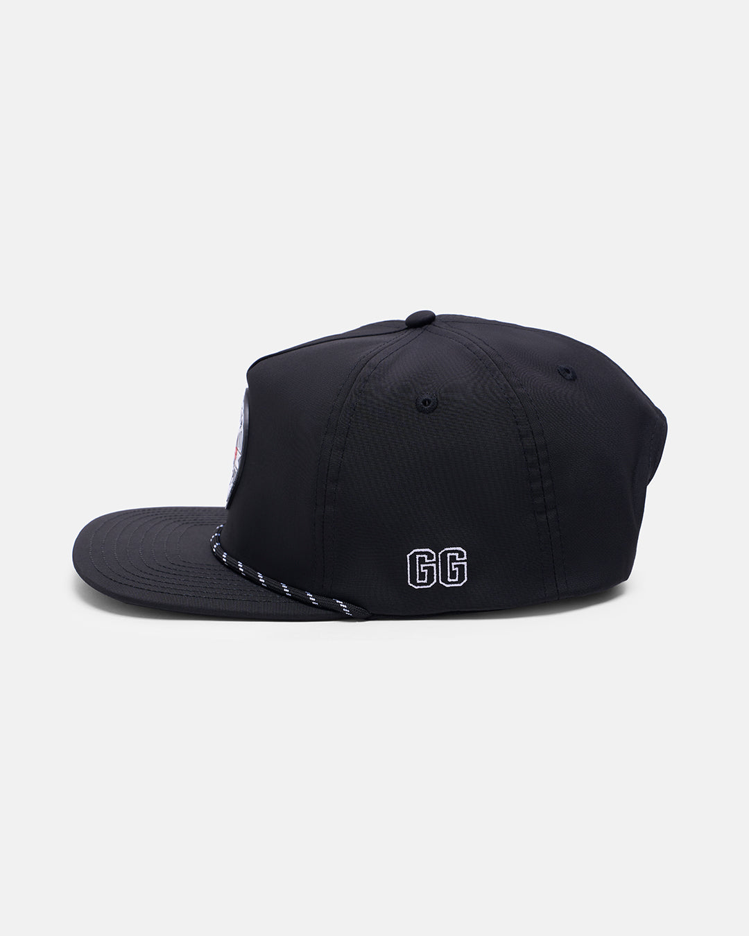Side View Product Photo of Black GG Badge Snapback Hat with GG embroidered on side #color_black
