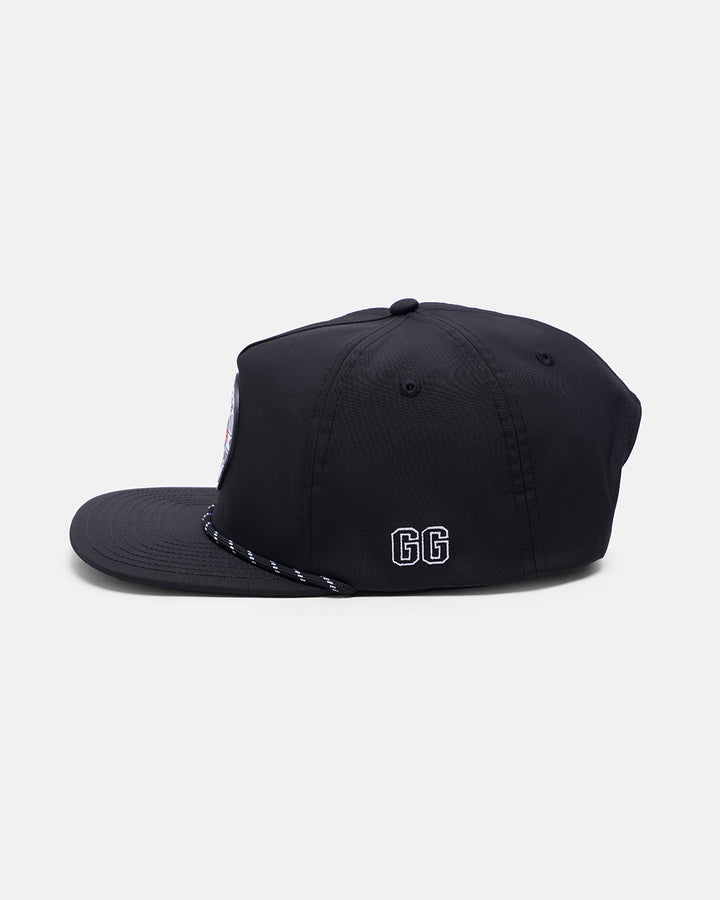 Side View Product Photo of Black GG Badge Snapback Hat with GG embroidered on side #color_black