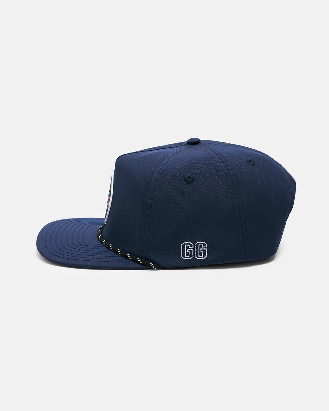 Side View Product Photo of Dark Navy GG Badge Snapback Hat with GG embroidered on side #color_navy
