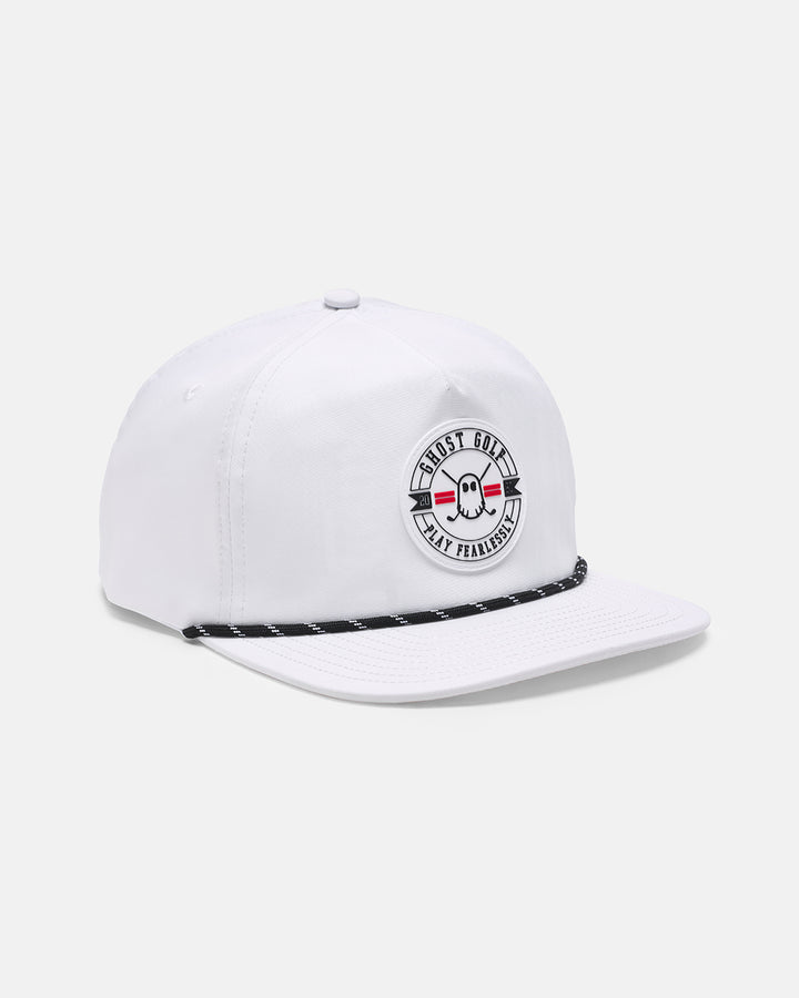 Three Quarter Left View Product Photo of Cream White GG Badge Snapback Hat with Badge Logo Centered #color_white