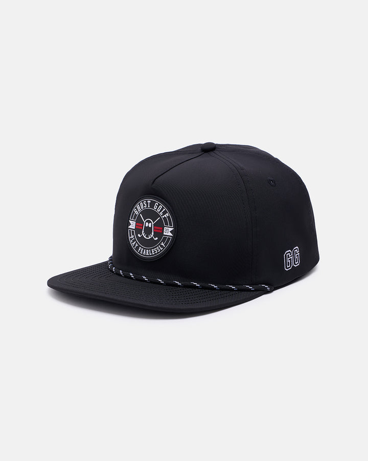 Three Quarter Right View Product Photo of Black GG Badge Snapback Hat with Badge Logo Centered #color_black