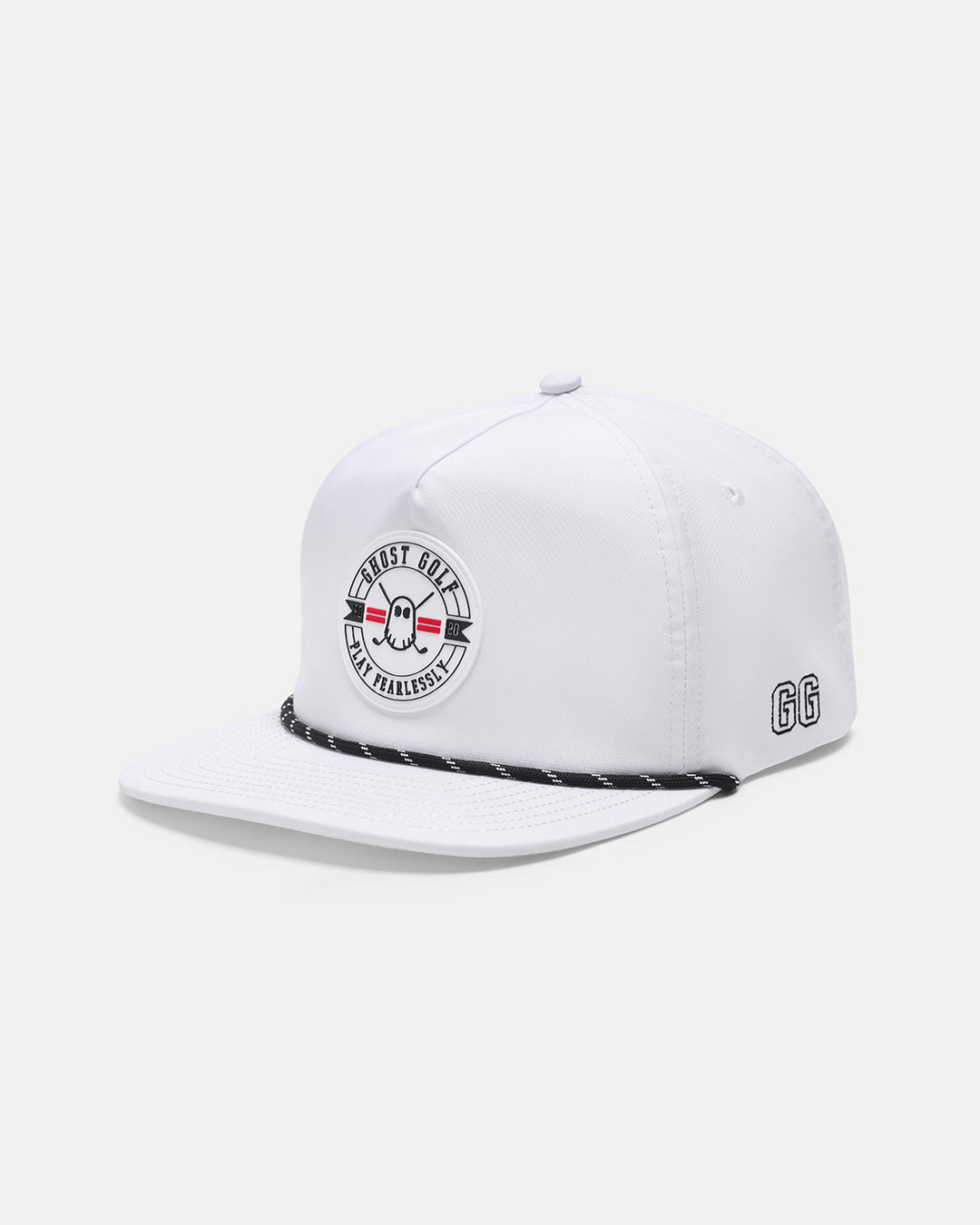 Three Quarter Right View Product Photo of Cream White GG Badge Snapback Hat with Badge Logo Centered #color_white