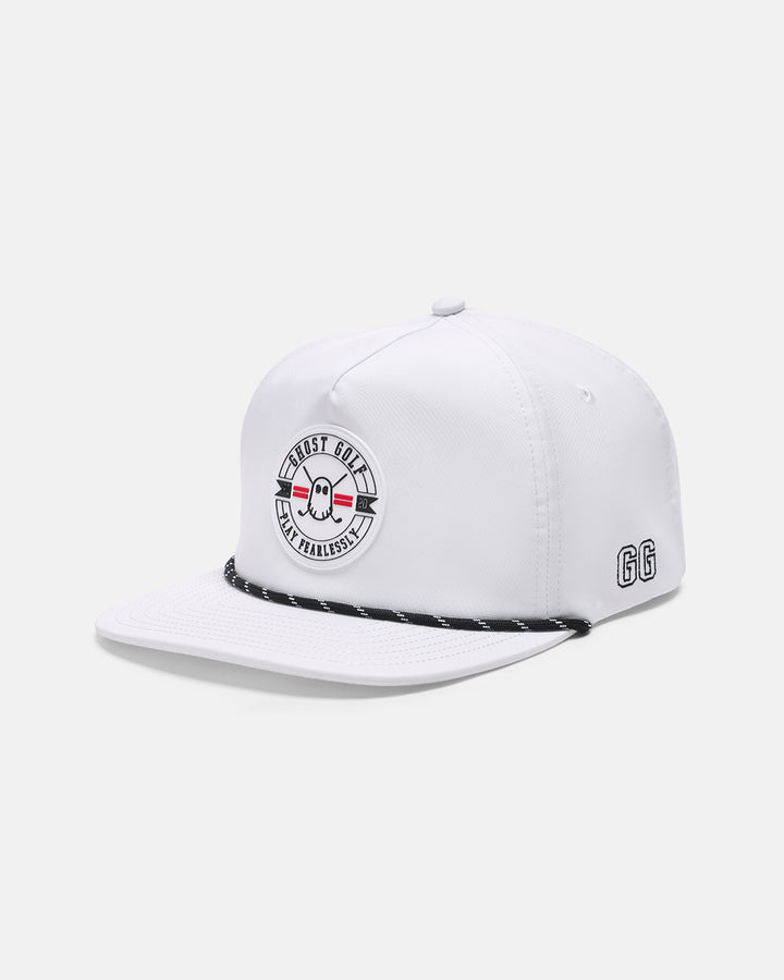 Three Quarter Right View Product Photo of Cream White GG Badge Snapback Hat with Badge Logo Centered #color_white