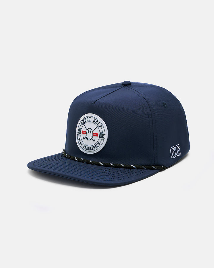Three Quarter Right View Product Photo of Dark Navy GG Badge Snapback Hat with Badge Logo Centered #color_navy