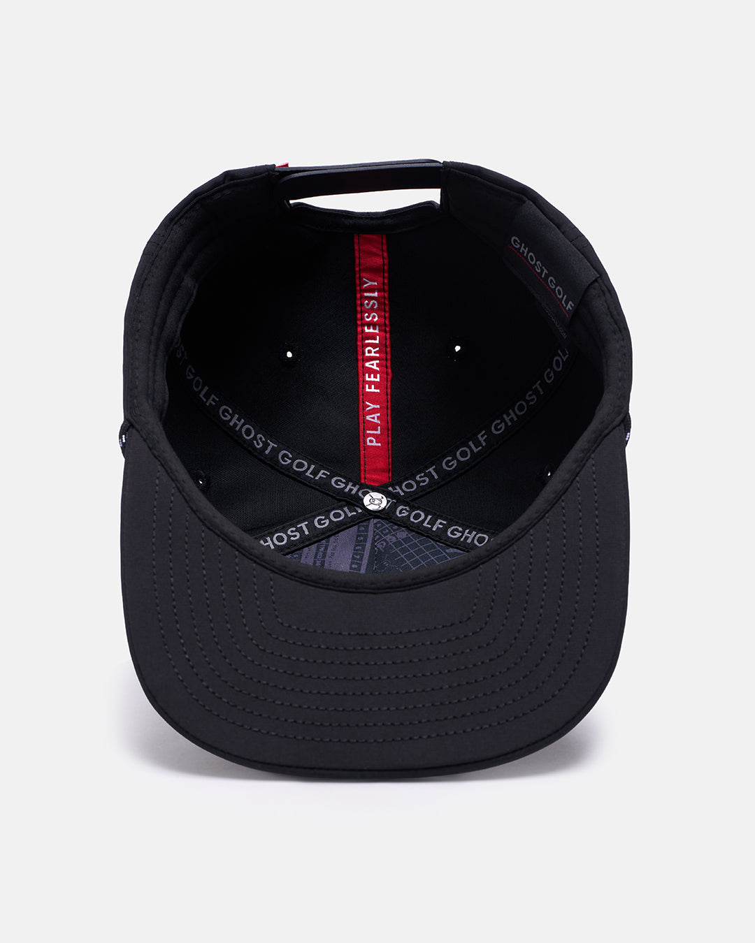 Underneath View Product Photo of Black GG Badge Snapback Hat with Ghost Golf and Play Fearlessly inside #color_black