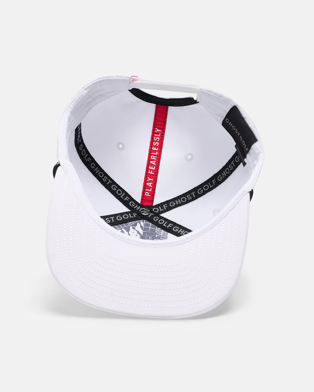 Underneath View Product Photo of Cream White GG Badge Snapback Hat with Ghost Golf and Play Fearlessly inside #color_white