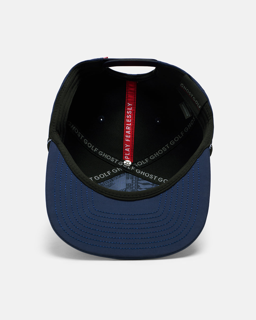 Underneath View Product Photo of Dark Navy GG Badge Snapback Hat with Ghost Golf and Play Fearlessly inside #color_navy