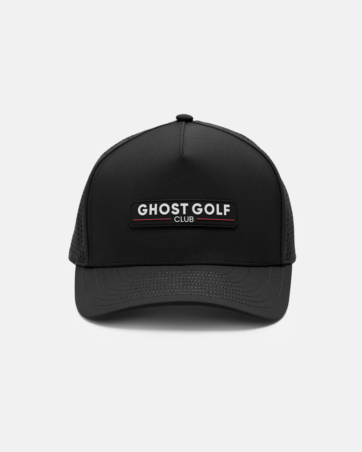 Front View Product Photo of Black GG Core Logo Snapback Hat with Ghost Golf Club Badge #color_black