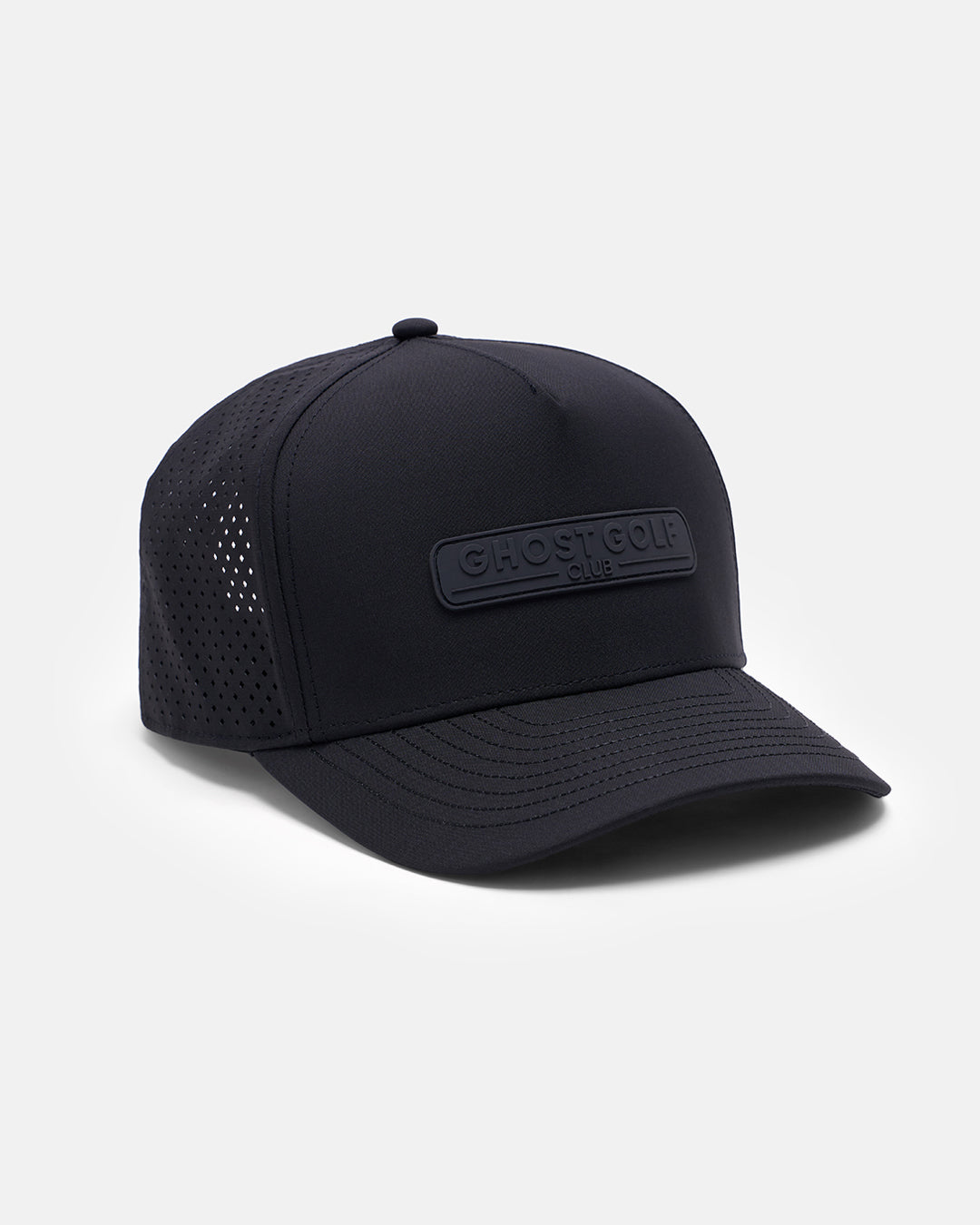 Three Quarter Left View Product Photo of Black-Black GG Core Logo Snapback Hat with Ghost Golf Club Badge #color_black-black