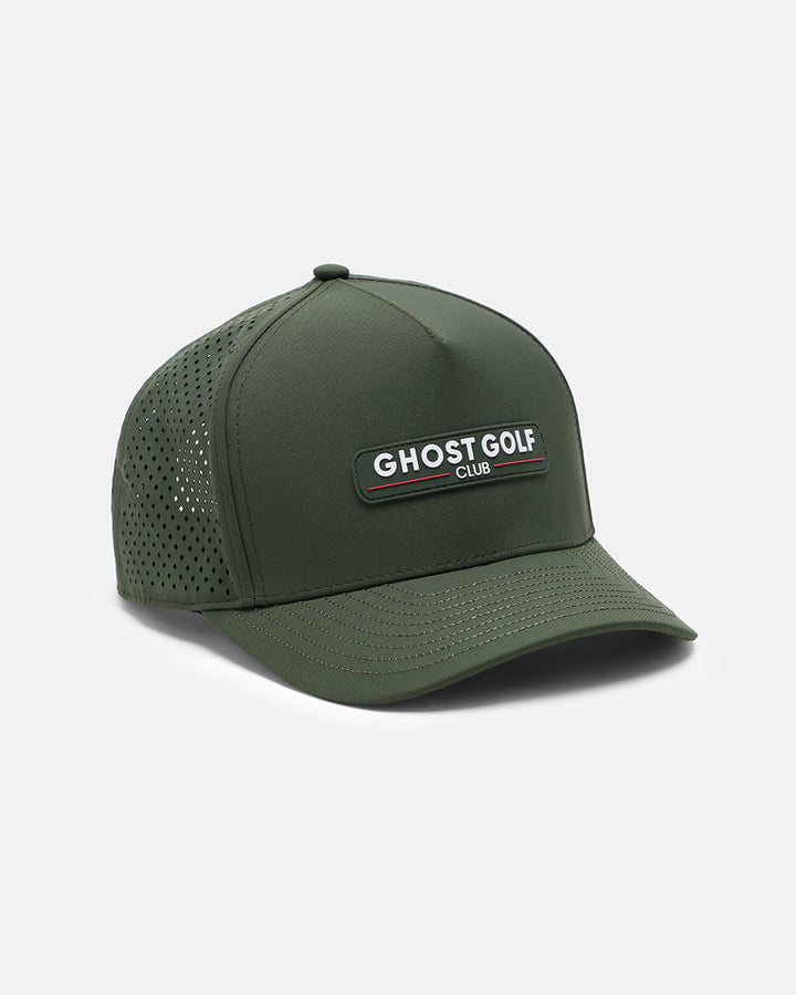 Three Quarter Left View Product Photo of Forest Green GG Core Logo Snapback Hat with Ghost Golf Club Badge #color_forest-green