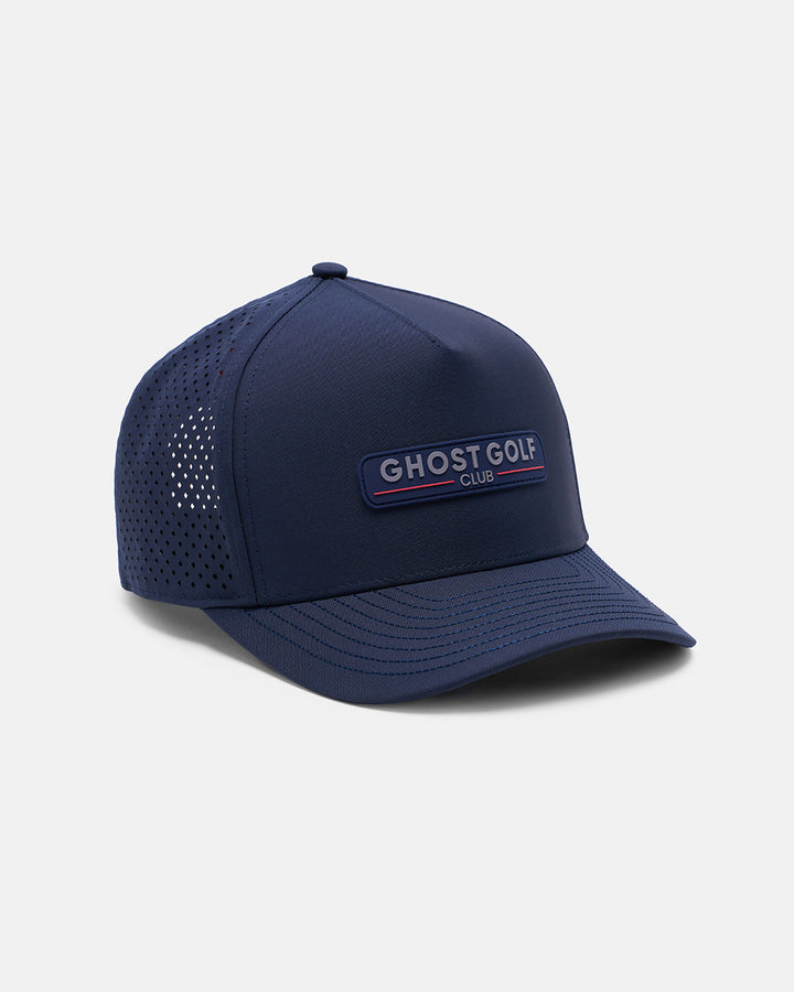 Three Quarter Left View Product Photo of Navy GG Core Logo Snapback Hat with Ghost Golf Club Badge #color_navy