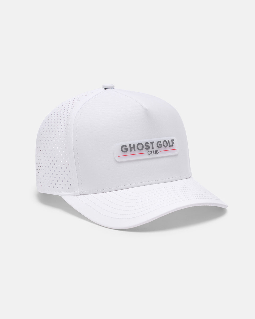 Three Quarter Left View Product Photo of White GG Core Logo Snapback Hat with Ghost Golf Club Badge #color_white