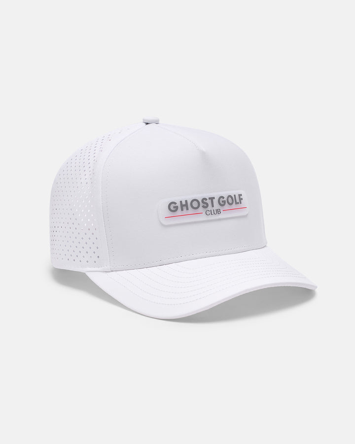 Three Quarter Left View Product Photo of White GG Core Logo Snapback Hat with Ghost Golf Club Badge #color_white