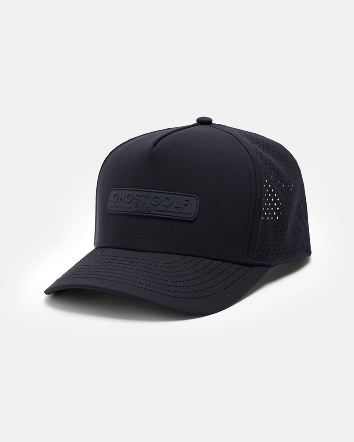 Three Quarter Right View Product Photo of Black-Black GG Core Logo Snapback Hat with Ghost Golf Club Badge #color_black-black